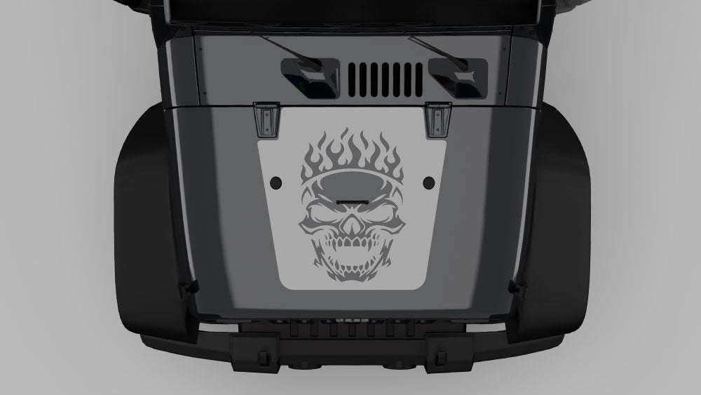 Gray flaming skull hood decal graphics on black Jeep Wrangler JK hood