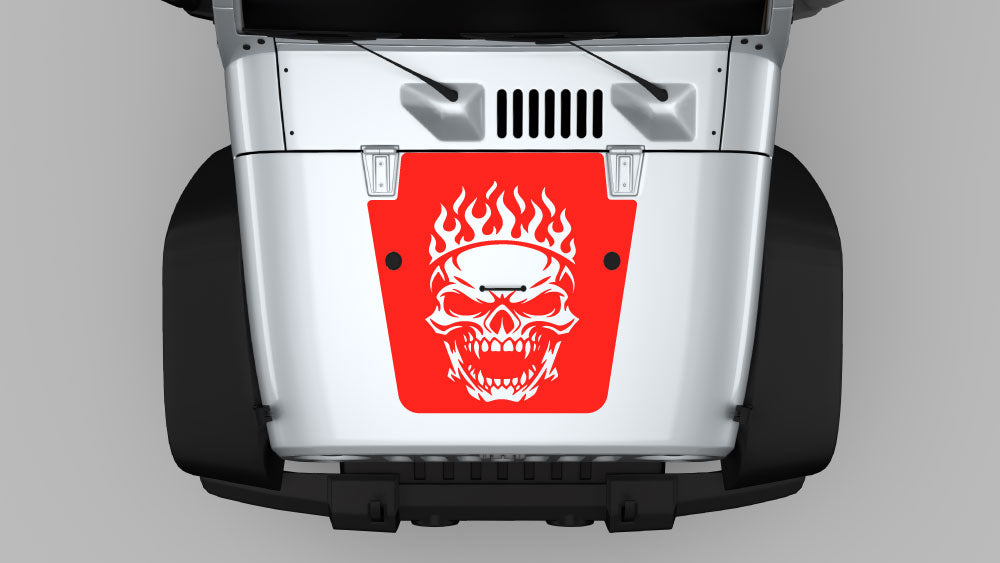 Red flaming skull hood decal graphics on white Jeep Wrangler JK hood