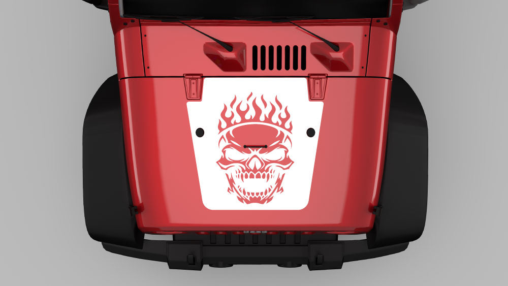 White flaming skull hood decal graphics on red Jeep Wrangler JK hood