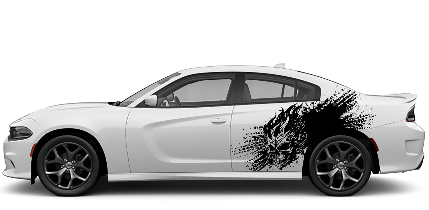 Dodge Charger Flaming Skull Side Decals (Pair) : Vinyl Graphics Kit Fits (2015-2023)