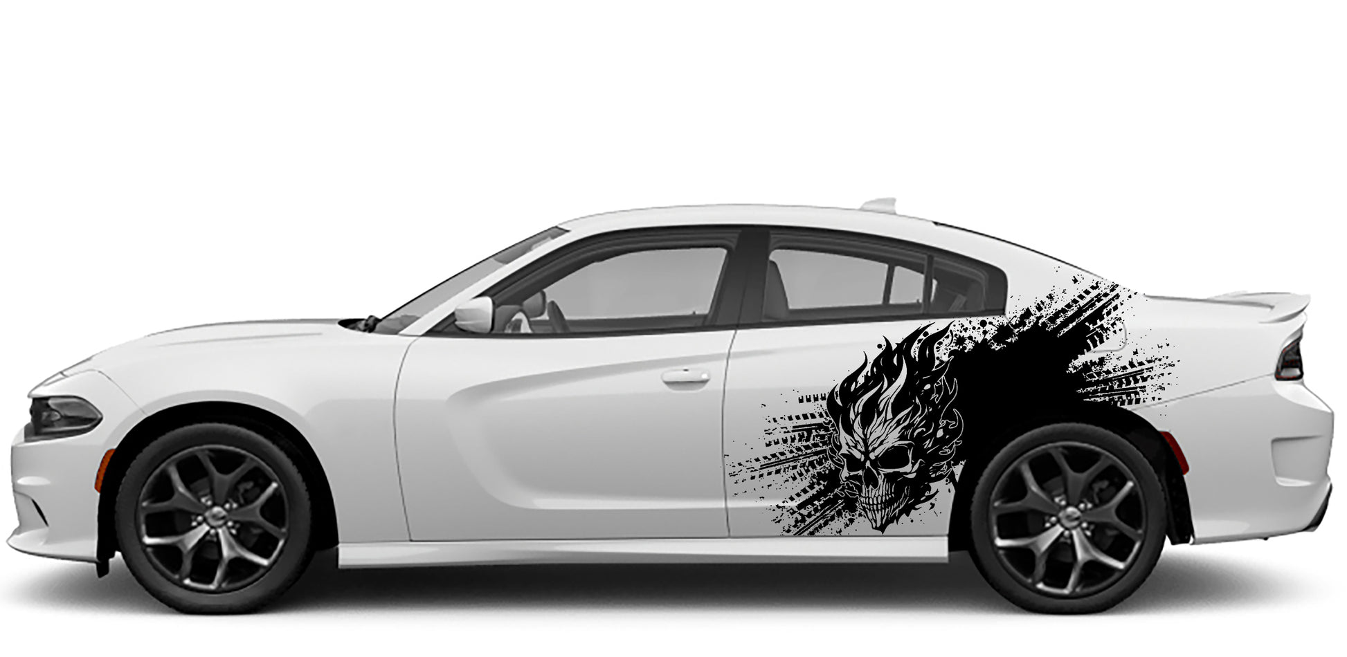 Dodge Charger Flaming Skull Side Decals (Pair) : Vinyl Graphics Kit Fits (2015-2023)