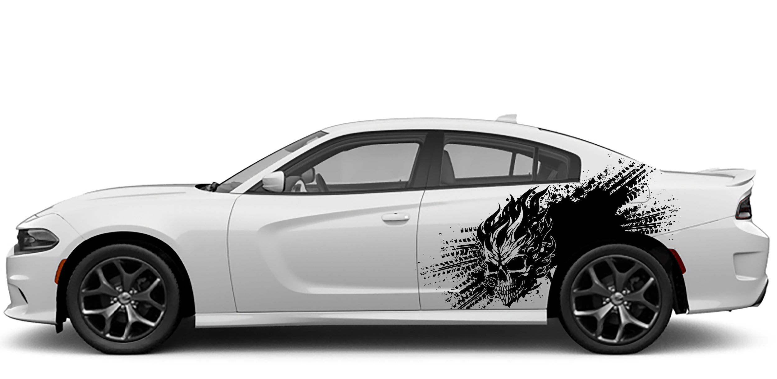 Dodge Charger Flaming Skull Side Decals (Pair) : Vinyl Graphics Kit Fits (2015-2023)