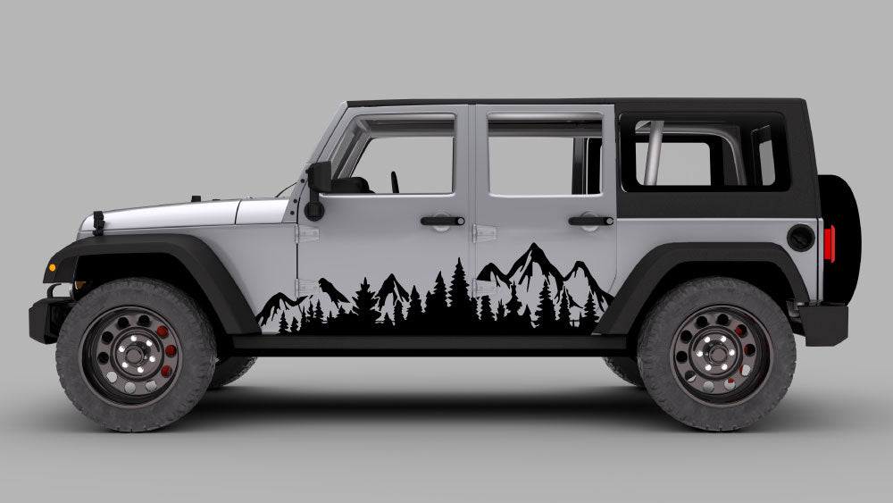Jeep Wrangler JK forest mountain rocker side decal kit in black vinyl graphics