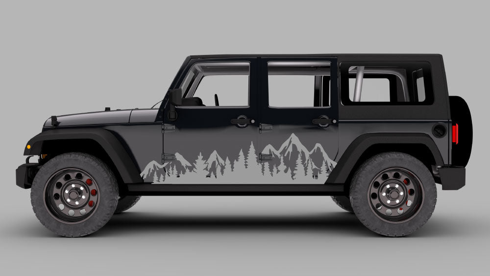 Jeep Wrangler JK mountain and pine tree rocker panel decals in gray vinyl