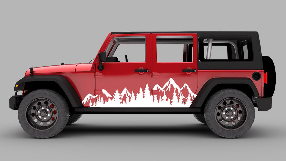 Jeep Wrangler JK mountain skyline with trees rocker decals in white vinyl graphics
