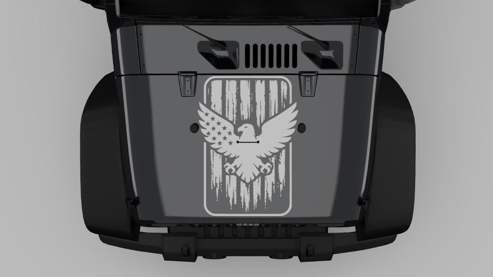 Gray freedom eagle shield hood decal on black Jeep Wrangler JK hood
