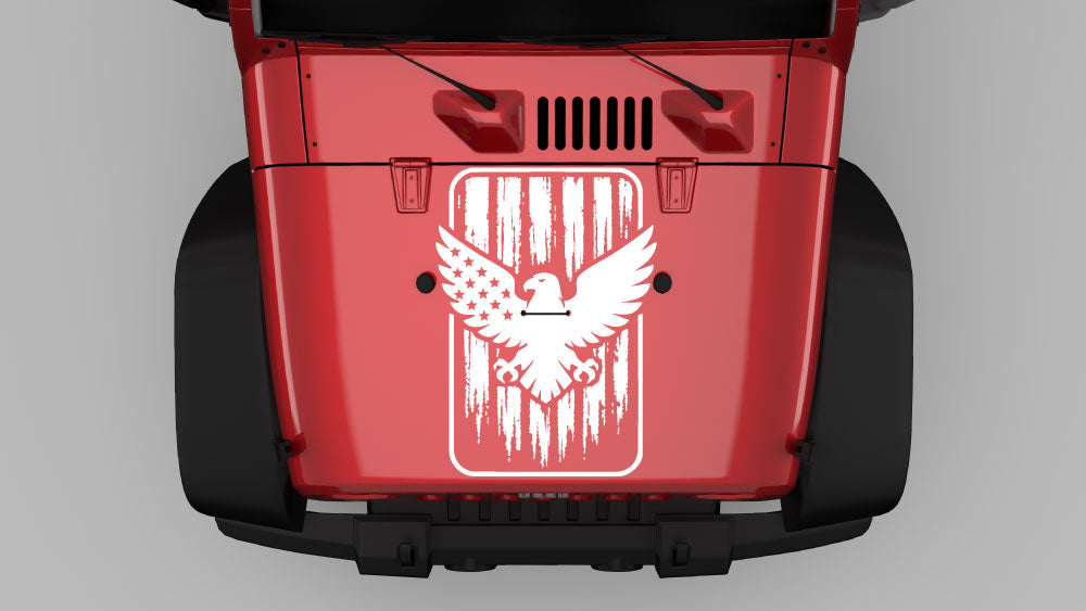 White freedom eagle shield hood decal on red Jeep Wrangler JK hood