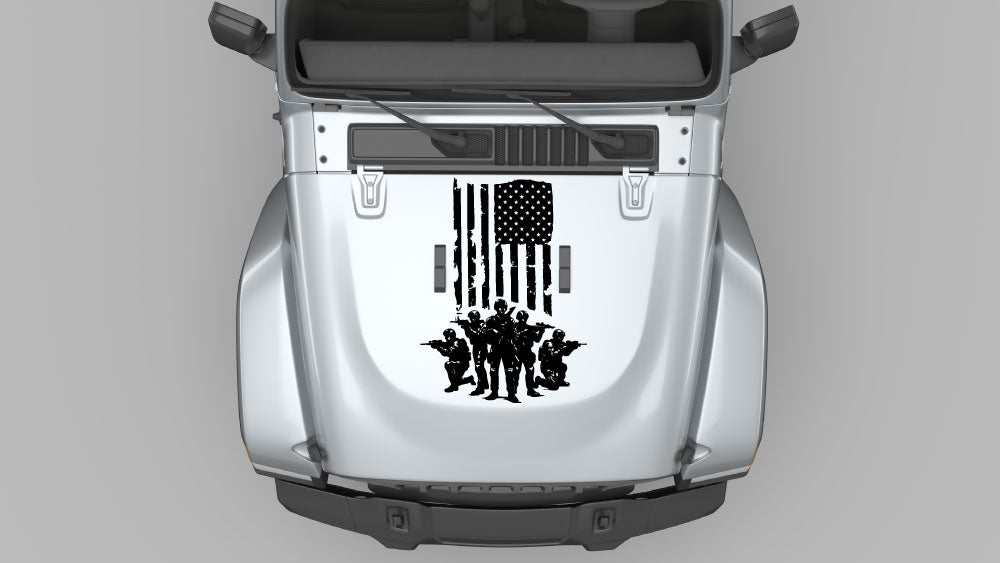 Freedom strike squad hood decal graphic on Jeep Wrangler JL hood