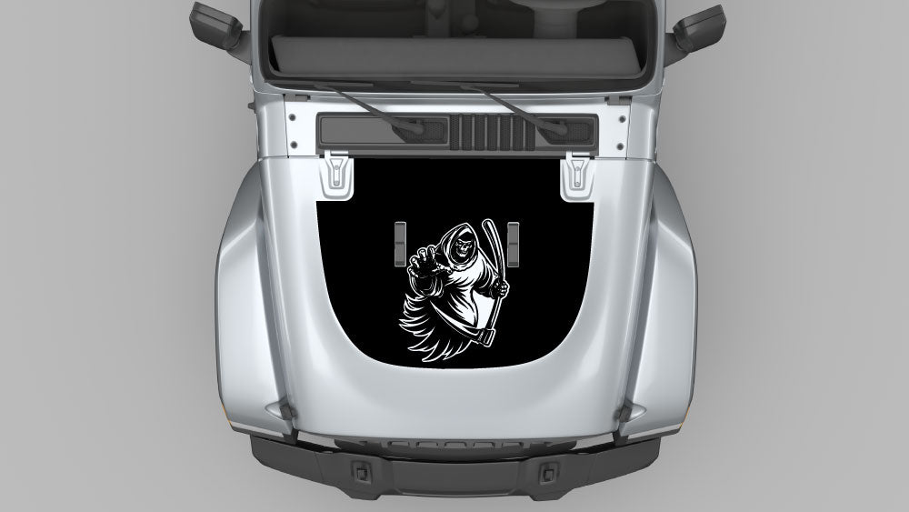 Grim Reaper hood decal in black on silver Jeep Wrangler JL hood graphic
