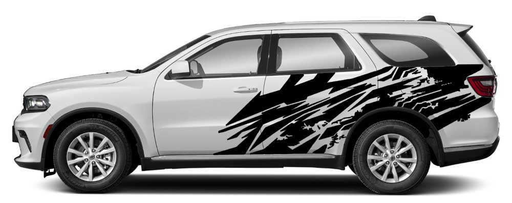 Dodge Durango 3rd gen with black grunge slash vinyl side decals on rear doors and quarter panel
