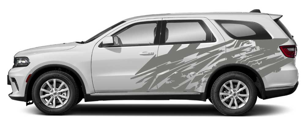 Dodge Durango 3rd gen with gray grunge slash vinyl side graphics across rear doors and quarter panel