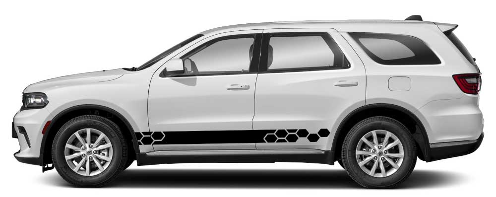 White Dodge Durango 3rd gen with black Hexline honeycomb rocker stripe decals on lower doors and rear quarter.
