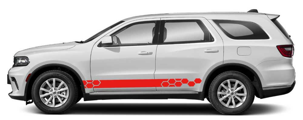 White Dodge Durango 3rd gen with red Hexline honeycomb rocker stripe vinyl graphics along rocker panels.