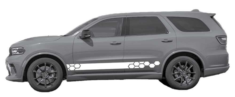 Gray Dodge Durango 3rd gen with white Hexline honeycomb rocker stripe decals along lower doors.