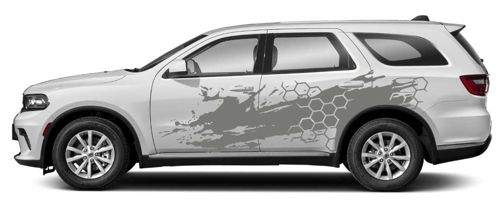 White Dodge Durango with gray honeycomb grunge side decal vinyl graphics kit on rear side panels