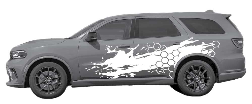 Gray Dodge Durango with white honeycomb grunge side decal vinyl graphics on rear doors and quarter panel