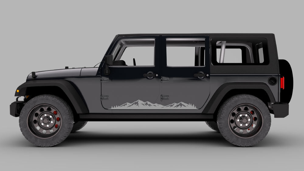 Silver Jeep Wrangler JK/JKU with black horizon mountain rocker panel side decal along the lower doors