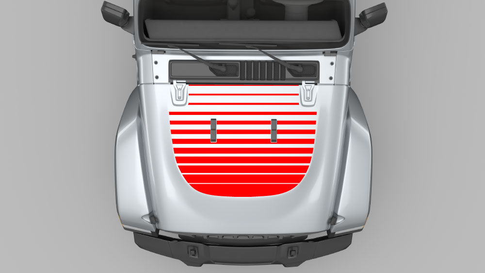 Red horizon stripe hood decal graphic on Jeep Wrangler JL