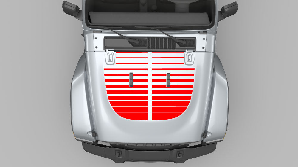 Red split horizon stripe hood decal graphics kit on Jeep Wrangler JL