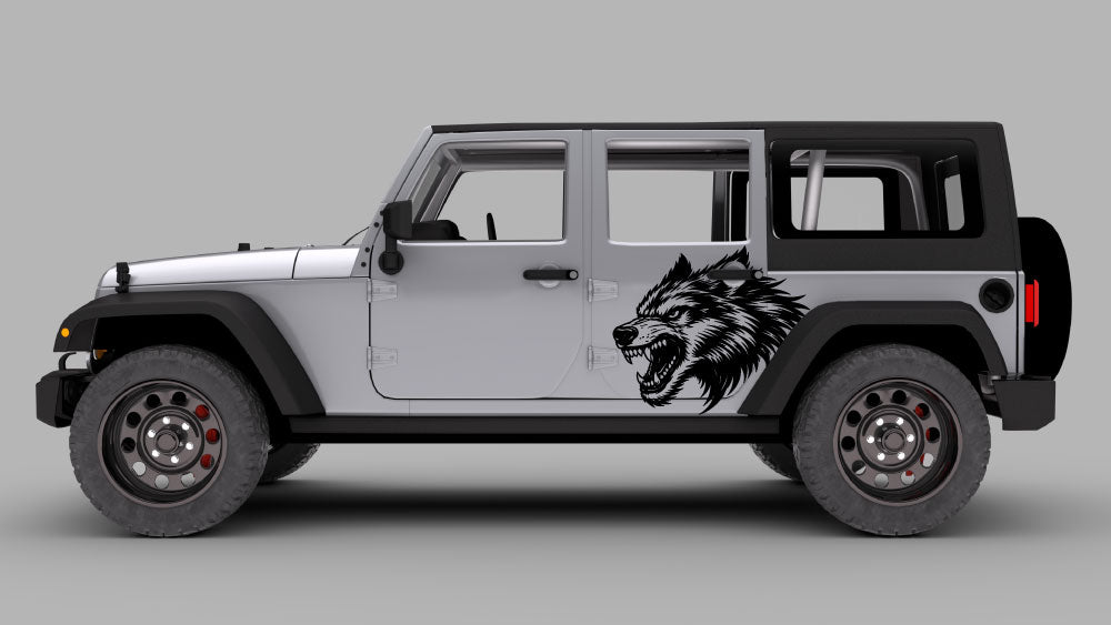Jeep Wrangler JK 4-door with black howling wolf head side door decal on rear door