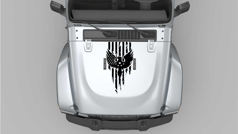 Iron Talon Patriot hood decal in black on silver Jeep Wrangler JL, eagle patriotic hood vinyl