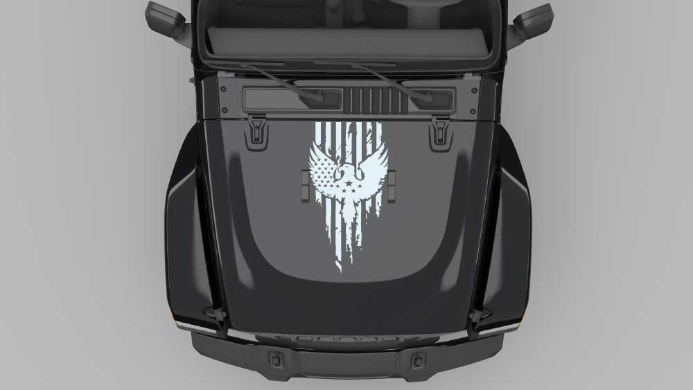 Iron Talon Patriot hood decal in white on black Jeep Wrangler JL hood graphic