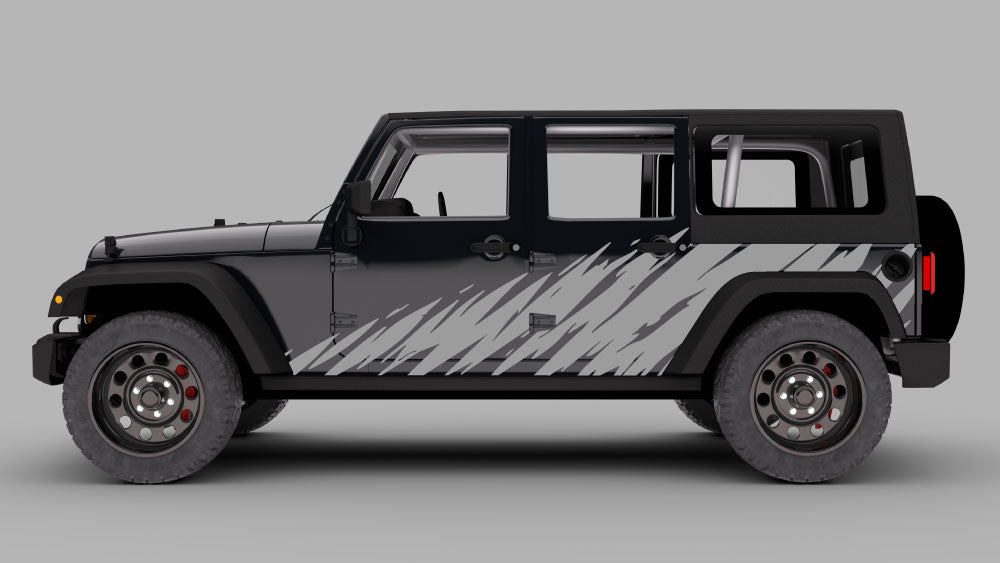 Black Jeep Wrangler JK with gray jagged slash rocker panel side decal kit.