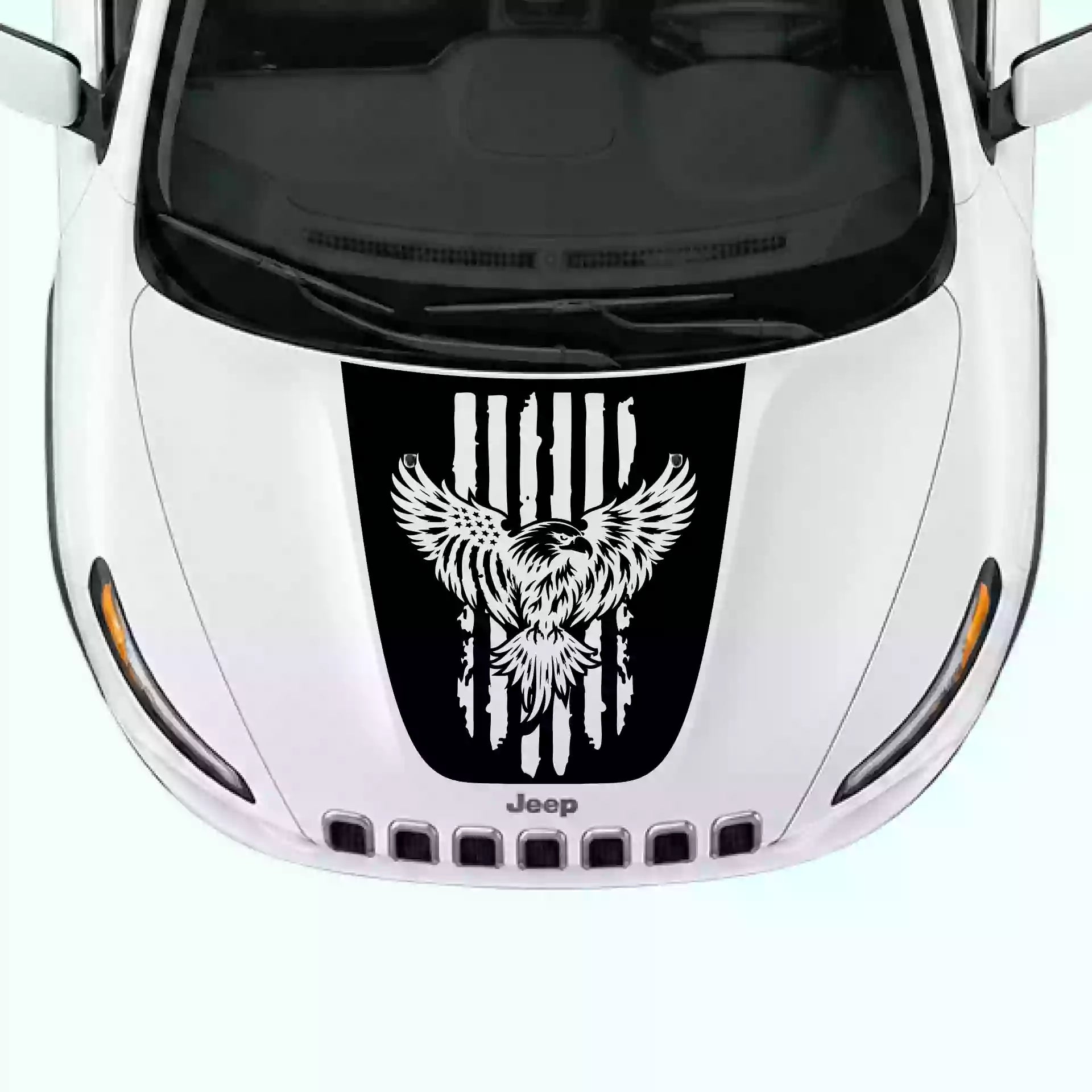 2014-2018 Jeep Cherokee Eagle USA Flag Hood Decals Vinyl Graphics Kit Black