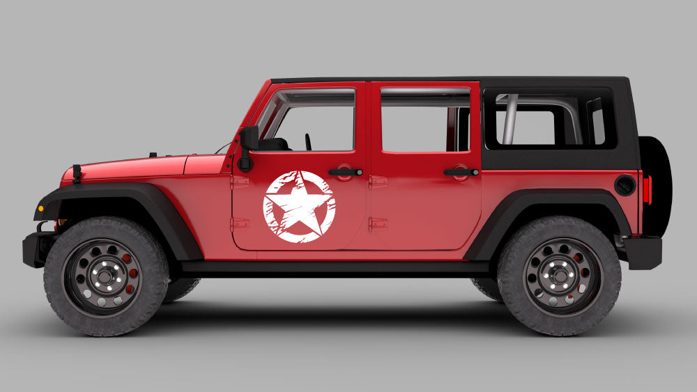 Red Jeep Wrangler JK with white distressed war star door decal graphics kit