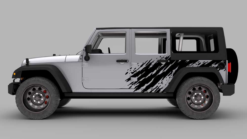 Gray Jeep Wrangler JK with black mud burst splash side decals on rear quarter panel