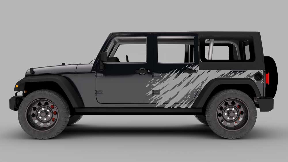 Black Jeep Wrangler JK with gray mud burst splash side decals on rear quarter panel