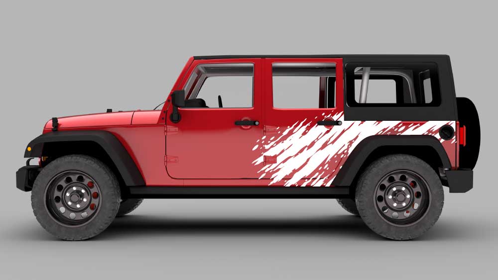 Red Jeep Wrangler JK with white mud burst splash side decals on rear quarter panel