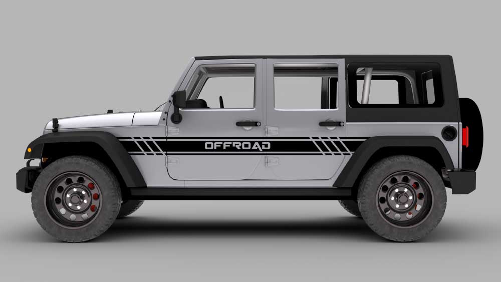 Jeep Wrangler JK Off-Road rally side stripe decals in white on gray Jeep