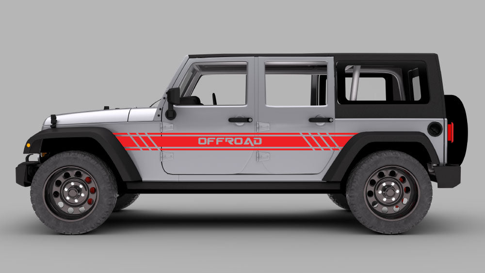 Jeep Wrangler JK Off-Road rally side stripe decals in red on silver Jeep