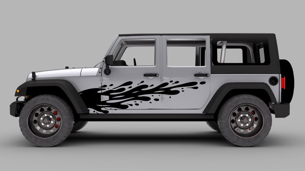 Jeep Wrangler JK with black drip splash side decal graphics on doors and fender