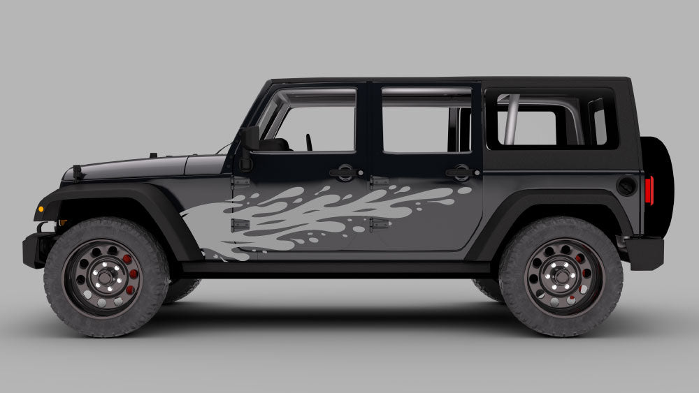 Jeep Wrangler JK with gray drip splash side decal graphics on doors and fender