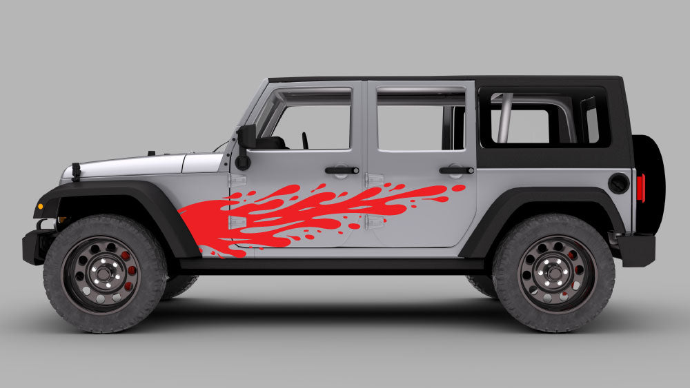 Jeep Wrangler JK with red drip splash side decal graphics on doors and fender