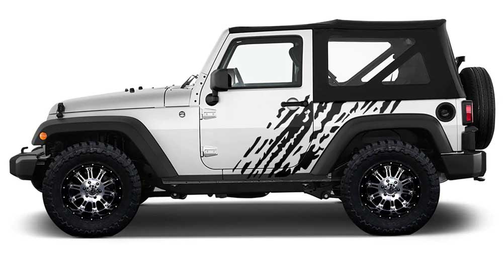 White Jeep Wrangler with black mud splash side decals on rear quarter panel