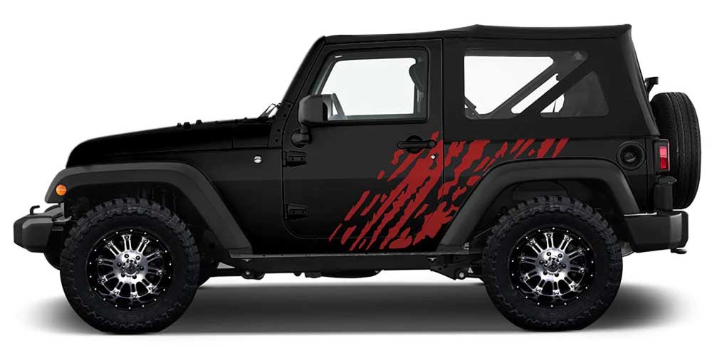 Black Jeep Wrangler with red mud splash side decals on rear quarter panel