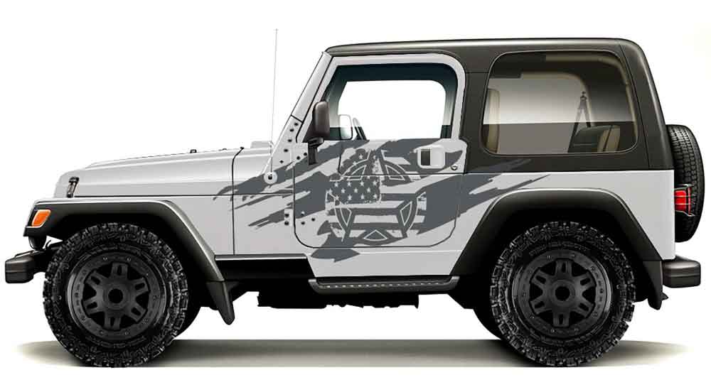 White Jeep Wrangler TJ with mud splash side decals in gray camo pattern on doors and rear quarter panel