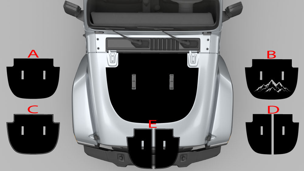 Jeep Wrangler JL hood blackout decal kit options with pieces A B C D and E