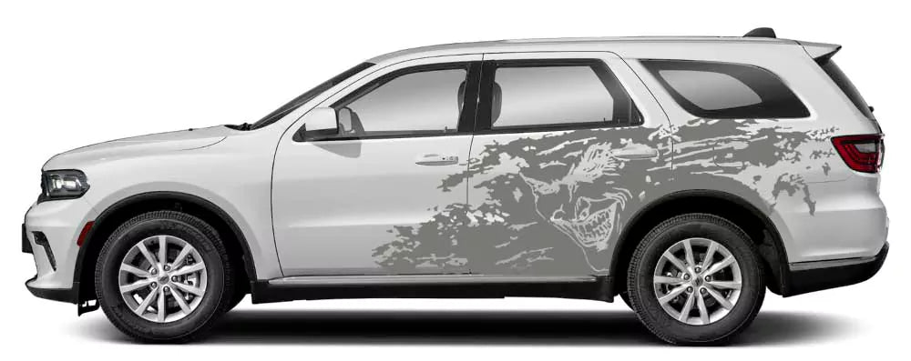 Dodge Durango side view with Joker splash grunge vinyl decal in gray, aggressive paint-splatter style on rear side panels.