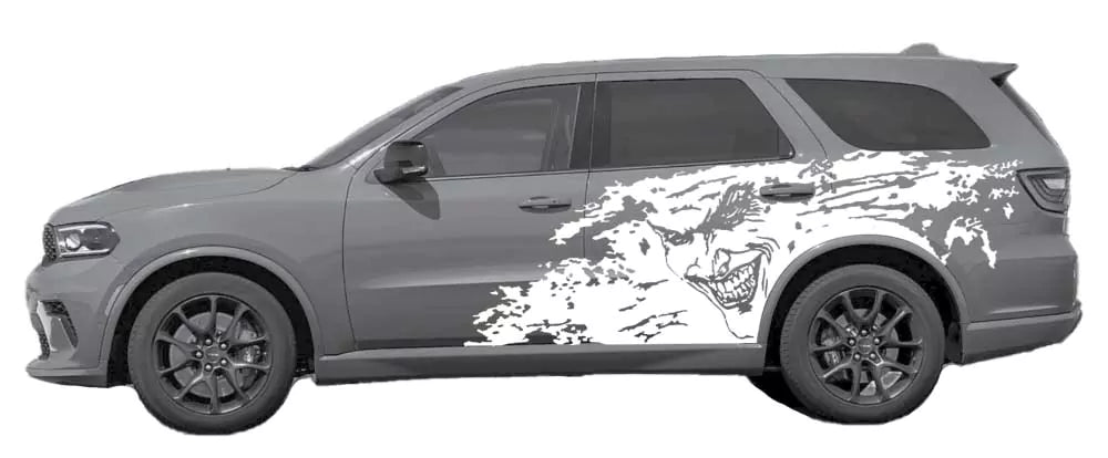 Dodge Durango side view with Joker splash grunge vinyl decal in white, covering rear door and quarter panel.