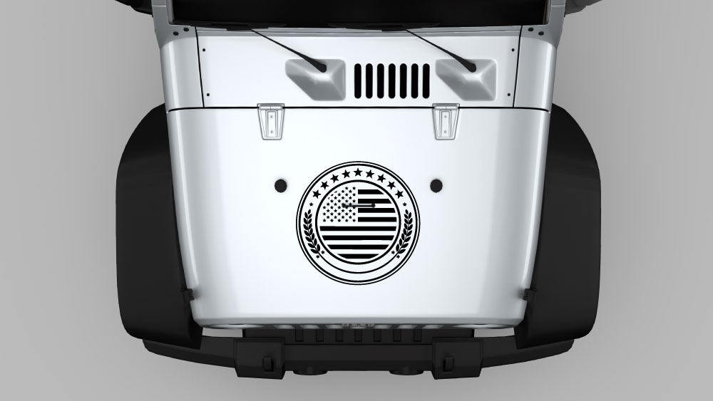 Liberty crest American flag hood decal graphic on Jeep Wrangler JK