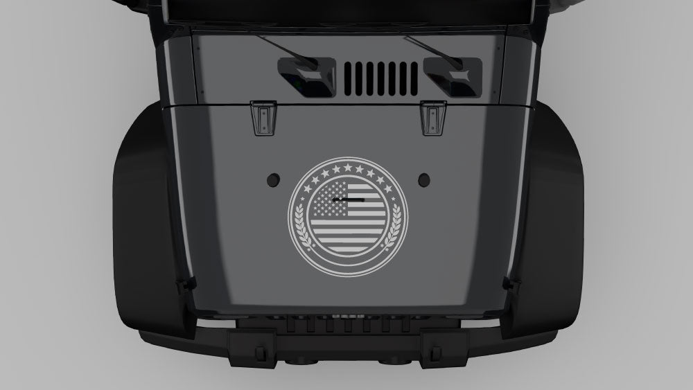 Gray liberty crest USA flag hood decal on black Jeep Wrangler JK