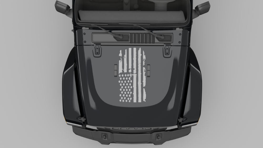 Gray liberty flag hood decal on black Jeep Wrangler JL hood