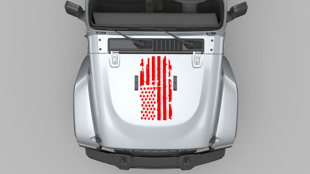Red liberty flag hood decal vinyl graphic on Jeep Wrangler JL