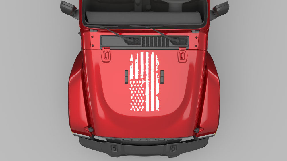 White liberty flag hood decal on red Jeep Wrangler JL hood