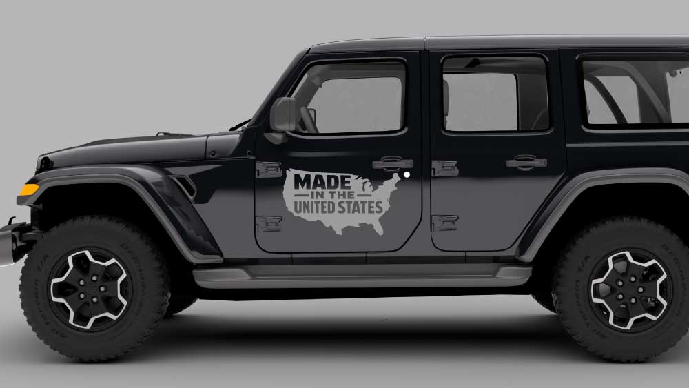 Black Jeep Wrangler JL 4-door with “Made in the United States” USA map door decal in gray