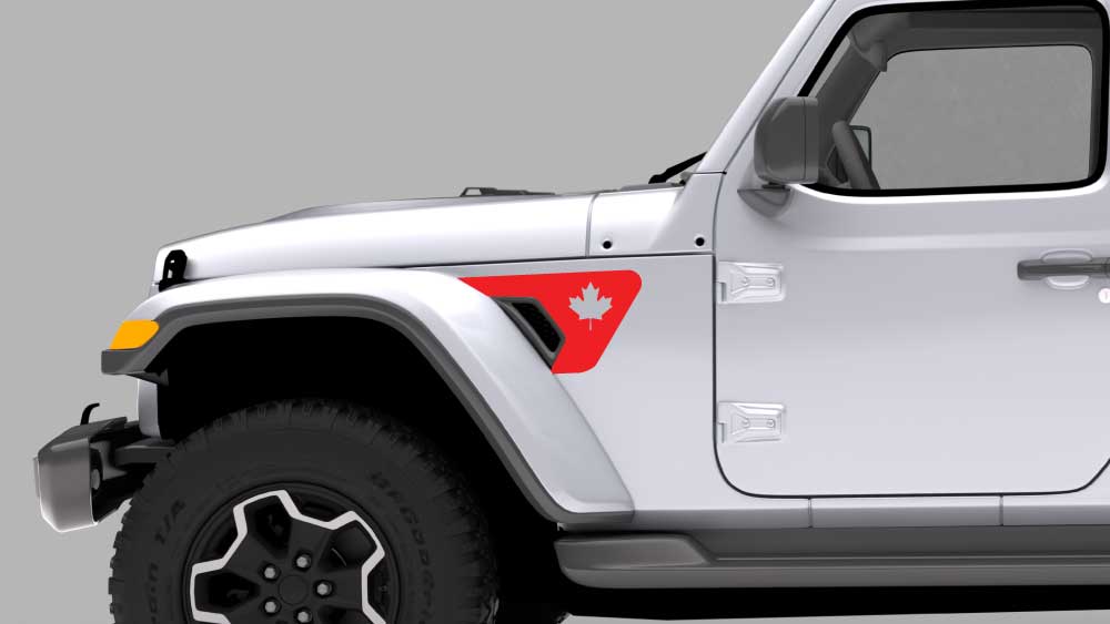 Jeep Wrangler JL/JLU fender vent decal with maple leaf design in red on a white Jeep